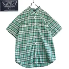 90s NAUTICA ノーティカ アメリカ古着 ロゴ刺繍 半袖シャツ 緑 XL