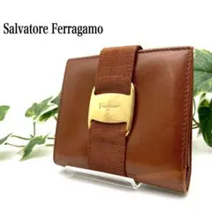 【美品】Ferragamo フェラガモ ヴァラ リボン 二つ折り財布 レザー 茶のサムネイル