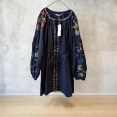 ZARA 花柄刺繍　バルーンスリーブ　チュニックワンピース　ボタニカル M