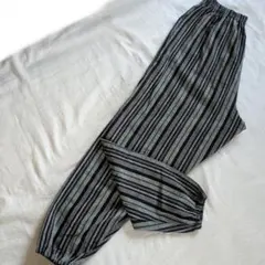 縦縞　綿パンツ　LLサイズ　藍色　灰色　緑　ウエスト　裾にゴム