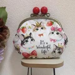 ハンドメイド　大玉がま口ポーチ（クィーンキャット）