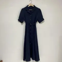 【GRL/グレイル】シャツワンピース 半袖　サイドプリーツ【M】ネイビー　紺