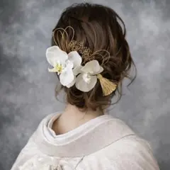 胡蝶蘭髪飾り ドライフラワーヘッド 成人式 和装結婚式 卒業式袴 振袖 金箔