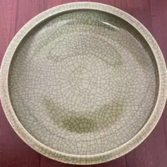 水盤　花道　華道　生花　作家鉢　木箱つき　緑色のひび割れ模様の皿