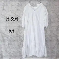 H&M 白ワンピース M ロングワンピース ティアード Vネック 半袖ゆったりのサムネイル