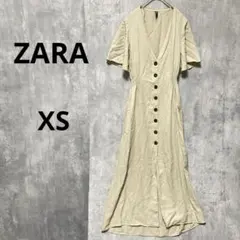 zara XS ベージュ　半袖フリル　Ｖネックワンピース ウエストゴム　春夏