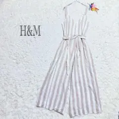エイチアンドエム　ジャンプスーツ　リネン混　36P ストライプ　ベージュホワイト