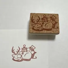 トナカイとサンタ猫　消しゴムはんこ　クリスマス　ねこ　12月　冬