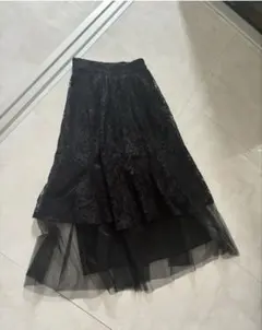 GRL チュールドッキング花柄ロングスカート M 黒