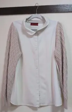 【somari】ニット袖切替シャツブラウス 白×くすみピンク フリーサイズのサムネイル