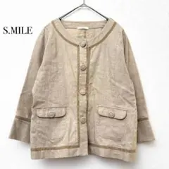 エスマイル S.MILE リネンノーカラージャケット 【L】 ベージュ 洗えるのサムネイル