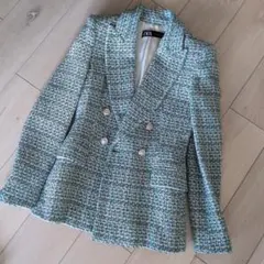 ZARA テーラードツィードジャケット S 青緑系　春色