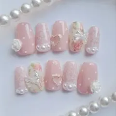 ネイルチップ 春 ピンク バラ レース フレンチガーリー バレエコア