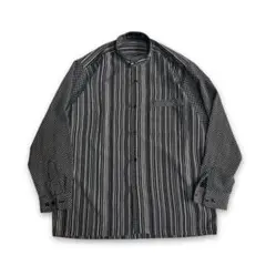 貴重 ヴィンテージ 90s~ ストライプ 総柄 バンドカラーシャツ レトロ古着