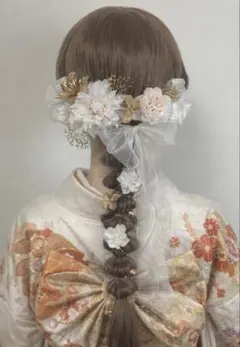 成人式　髪飾り　卒業式　結婚式　リボン　ホワイト　ドライフラワー　ヘッドドレス