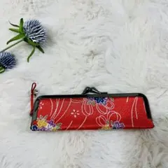 【未使用】和柄 がま口 印鑑ケース 小物入れ 朱色 ちりめん風 花柄