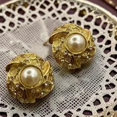 パール風　ヴィンテージ　イヤリング　ゴールド