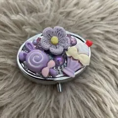 ハンドメイド デコ ピルケース 鏡付き 小物入れ パープル うさぎ お花 パフェ