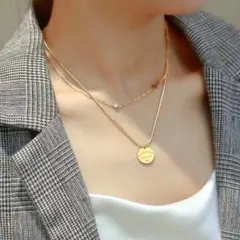 【大人気】 ２連 コイン サージカルステン ネックレス 一粒czダイヤ ゴールド