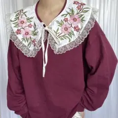 ヴィンテージ ビッグカラー スウェット レース 刺繍 花柄 古着 A354 