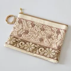 【値下げしました】インド刺繍 フラットポーチ ハンドメイド ナチュラル 小物入れ