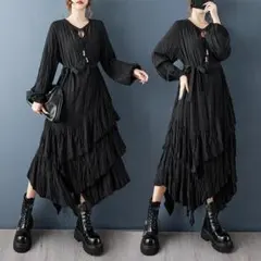 大きいサイズ 新品 秋冬 フリル プリーツ ワンピース 黒 ゆったり アシメｇ