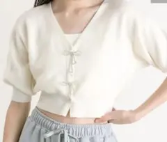 オリーブデオリーブ　リボンビジュー付き半袖カーディガン　オフホワイト