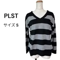 PLST プラステ（S）ボーダーVネックニット 長袖セーター ブラック×グレー