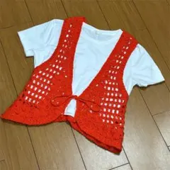 【美品】FREAK'S STORE かぎ針編み クロシェ編みベスト オレンジ F