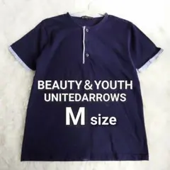 美品 配色 ヘンリーネック Tシャツ M ネイビー 綿100% チェック柄 青