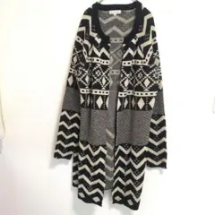 ​Society 8 幾何学柄 ロング ニットカーディガン XL 黒 白 柄モノのサムネイル