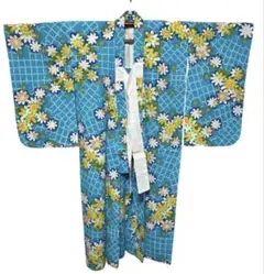 【美品】浴衣 コーラルブルー 小花柄 総柄 袖長め 身丈135袖丈65色違い有り