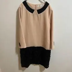 レディース　長袖バイカラーワンピース　カットソーワンピース　ベージュ　黒　S