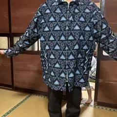 ジップアップ長袖シャツ 青系幾何学模様　絣
