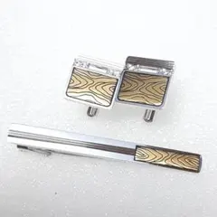 ネクタイピン　カフスボタン　セット　木目調デザイン　銀色　金色　コンビカラー