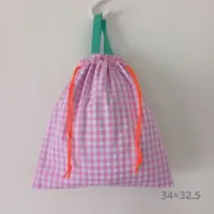 【ハンドメイド】ピンクのチェックの持ち手付き巾着　4. 体操服入れ/お着替え袋
