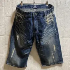 FUDGE デニム　ハーフデニムパンツ Ｌサイズ ダークブルー　ダメージ加工