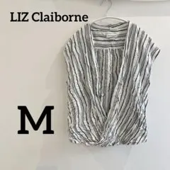 LIZ Claiborne【M】ストライプ 半袖シャツドレープ ホワイト