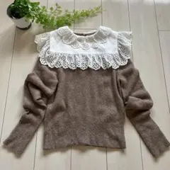 ZARA 刺繍レース襟ニット♡ガーリー ブラウン S