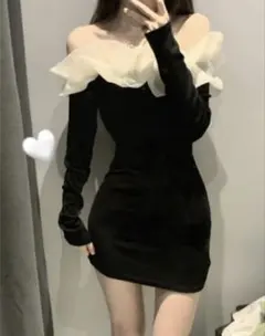 オフショルダー フリル タイトドレス