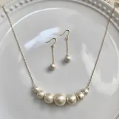 繊細チェーンのコットンパールネックレス&揺れるピアス ✧ 2点set