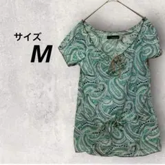 チュニック　黄緑　M　半袖　ペイズリー　総柄　ロング　体型カバー　リボン　綿