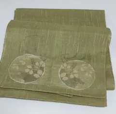 オリーブグリーン 袋帯 花柄刺繍