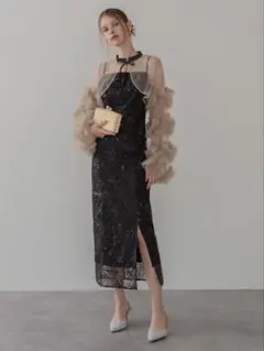 フリルチュールスリーブリボンIラインワンピースドレス結婚式パーティー成人式二次会