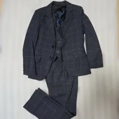 男の子　入学式　ダークブルー チェック柄 3点セットスーツ
