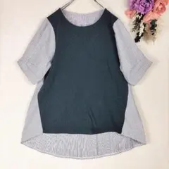 ELVENCE DEUX　半袖チュニック　38　М　ストライプ　紺　切替トップス