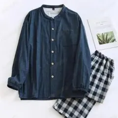 メンズパジャマ ダブルガーゼ 秋冬 長袖 ガーゼ チェック ネイビー グレー 綿