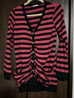 最終値下【新品】カーディガン Vネック ピンク 黒 ボーダー M ギャザー