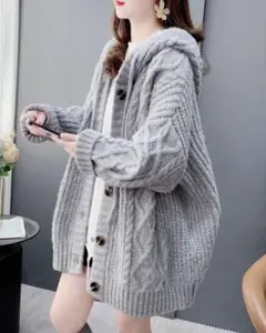 SHEIN フード付きアラン編みニットカーディガン　グレー　M