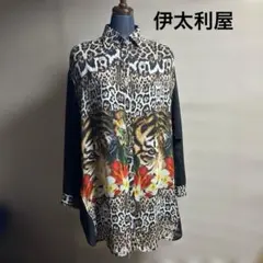 新品！伊太利屋レオパード柄虎フラワープリントがオシャレシースルーロングブラウスのサムネイル